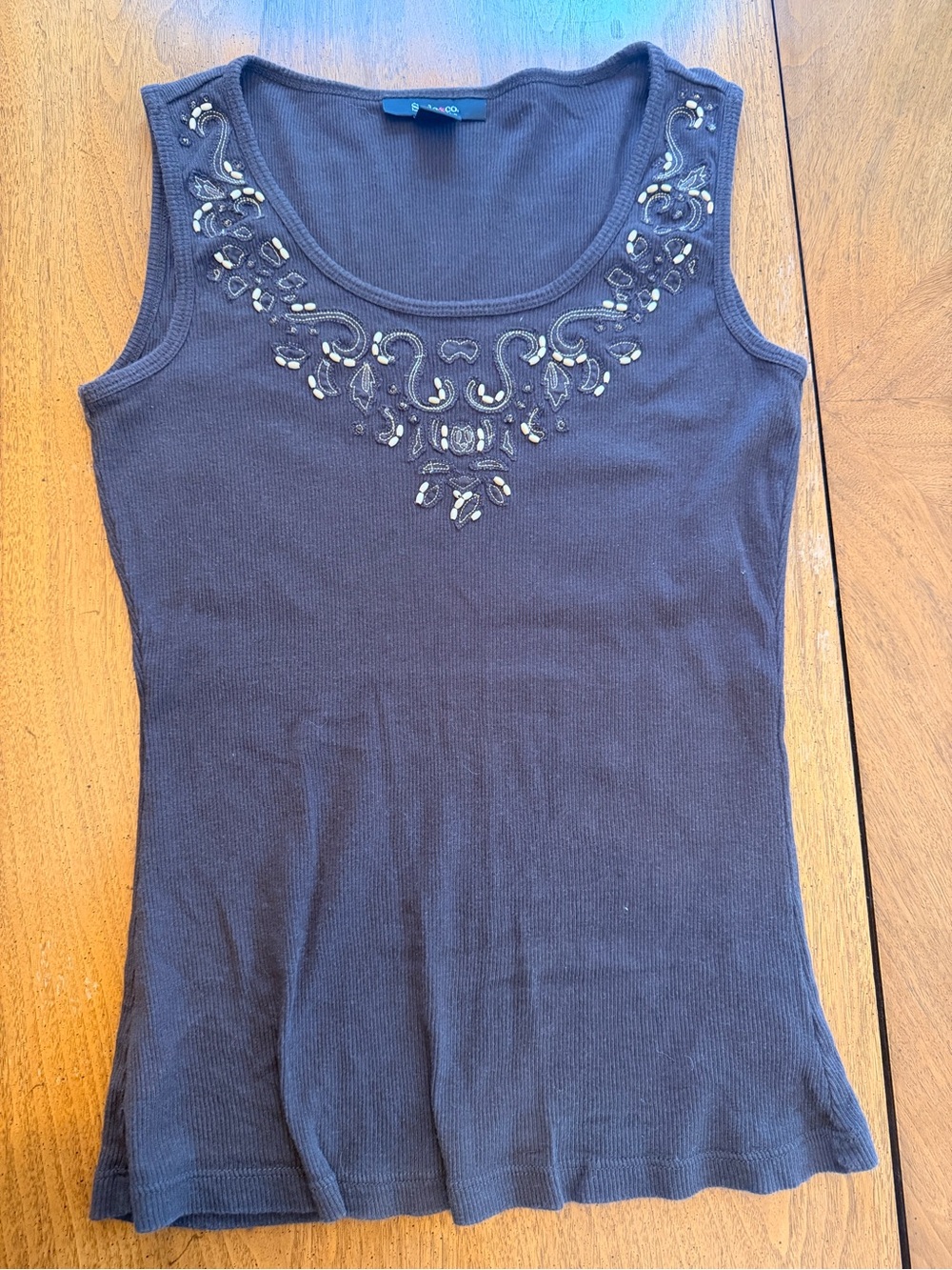 Embellished Sleeveless Knit Tank - Brown